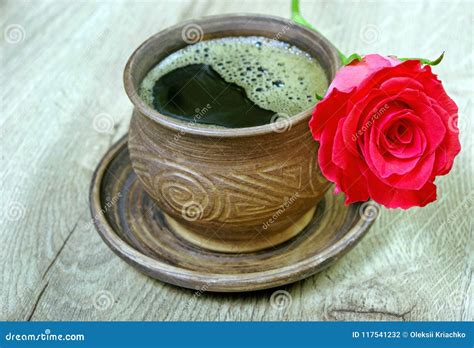 Good Morning A Cup Of Coffee And A Red Rose Stock Photo Image Of