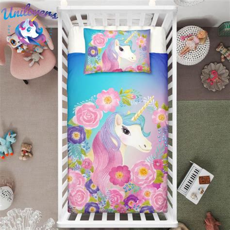 Blue Pink Floral Unicorn Crib Bedding Set Unicorn Nursery Baby