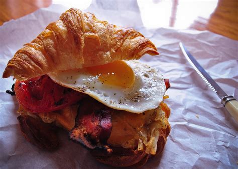 Perfect Breakfast Sandwich Fluffy Croissant With Crispy Bacon Fried