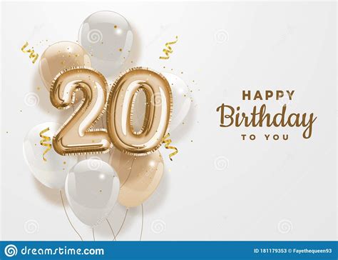Happy 20th Birthday Gold Foil Balloon Greeting Background Stock Vector