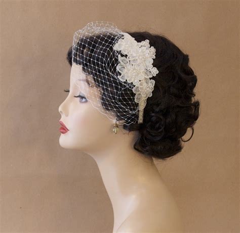 Bridal Birdcage Veil Blusher With Alencon Lace Bead And Sequin