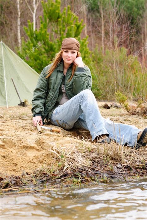Camping Woman Tent Nature Sitting Stream Stock Photo CandyBoxImages