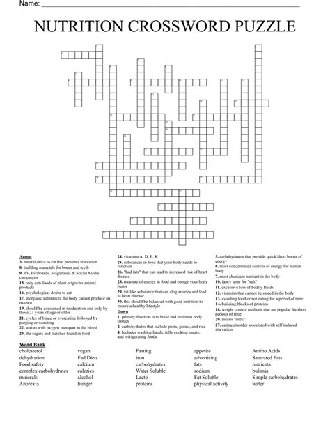 Printable Nutrition Crossword Puzzles