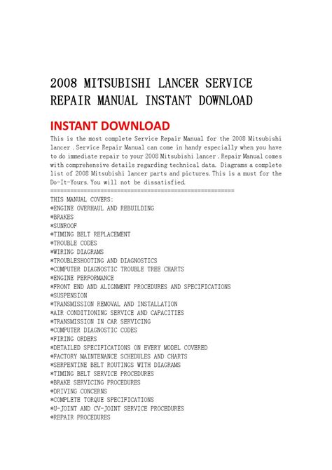 Mitsubishi lancer evo x 2008 service manual. 2008 mitsubishi lancer service repair manual instant ...