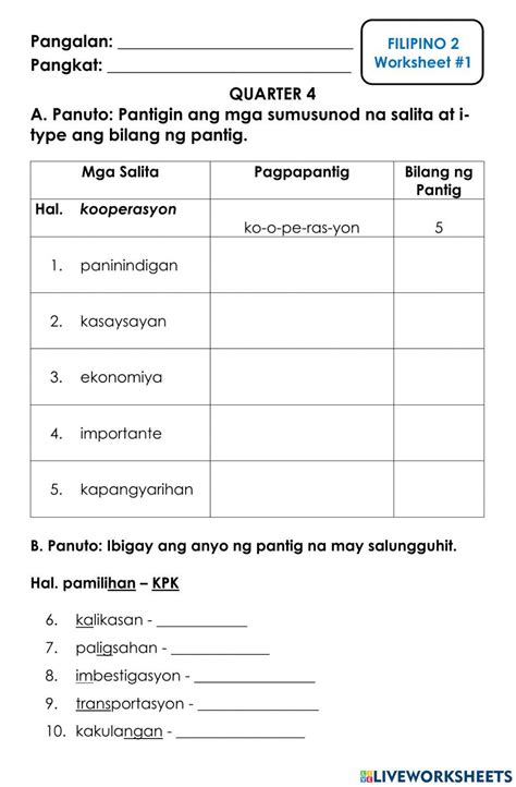 Filipino Q4 Worksheet Mahahabang Salita Worksheet Live Worksheets