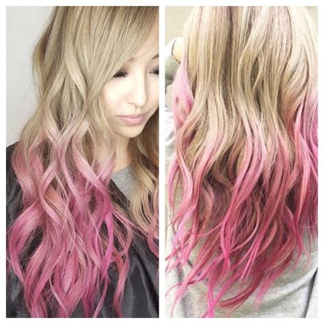 Dip Dye Pink Ends Ombre Pink With Blonde Color Bleed