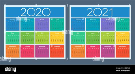 Colorido Calendario Para 2020 Y 2021 Años La Semana Comienza En Domingo Ilustración Vectorial