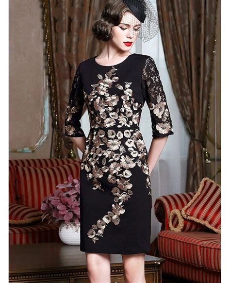 black with gold classy cocktail dress for women over 40 50 wedding guests zl8046
