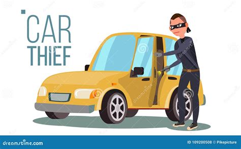 Thief And Car Vector Breaking Into Car Insurance Concept Burglar Robber Thief Robbery