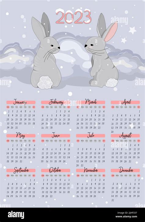 Calendrier 2023 Avec Lapins Mignons Affiche Pour Enfants Année Du