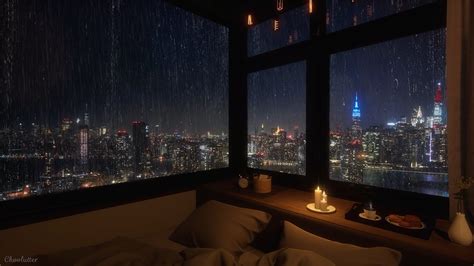 Cozy Bedroom With A Night View Of New York In Heavy Rain Rain Sounds