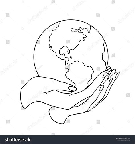 Two Hands Holding The Planet Earth Lineart Vector Illustration Without