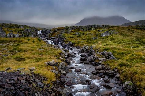 Mountains With River And Fog In North Iceland Near Akureyri Reyk Stock