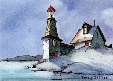 Lighthouse Peter Sheeler Watercolor Art Paintings Sailboat Painting