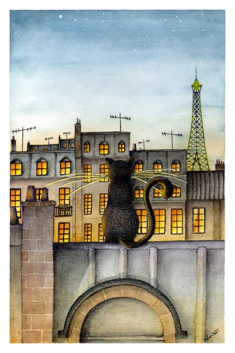 Cat Roof Paris Watercolors Illustration Art Chat Toits Photo