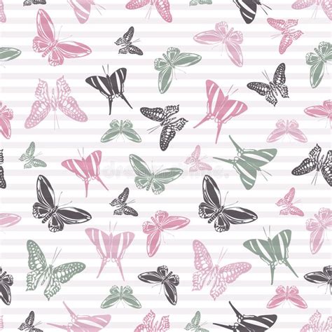 Flying Butterfly Silhouettes Over Striped Background Vector Seamless