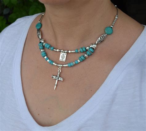 Turquoise Cross Necklace Blue Turquoise Bib Cross Pendant Handmade