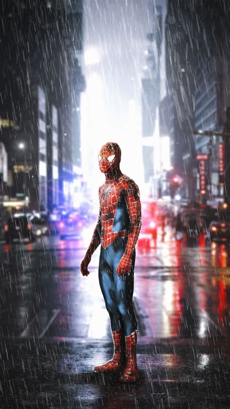 Download 2160x3840 Wallpaper Rain Street Spider Man Art