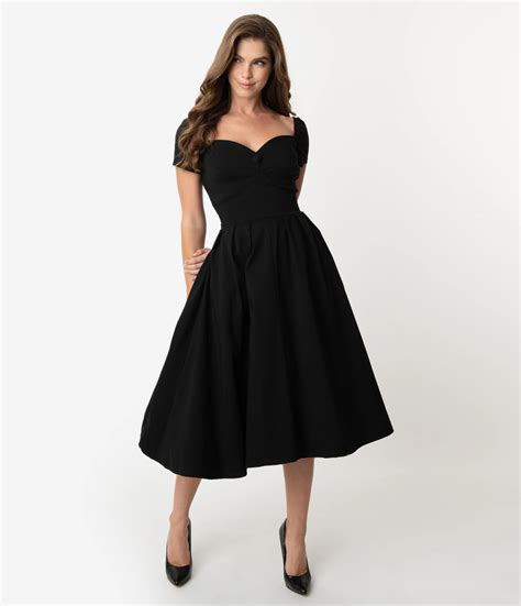 Unique Vintage 1950s Black Sweetheart Midge Swing Dress Black Dresses