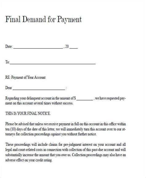 A Printable Payment Form With The Words Final Demand For Payment