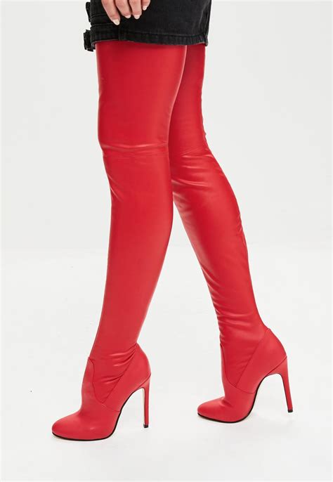 Missguided Red Rounded Toe Thigh High Faux Leather Boots Leather Thigh High Boots Boots