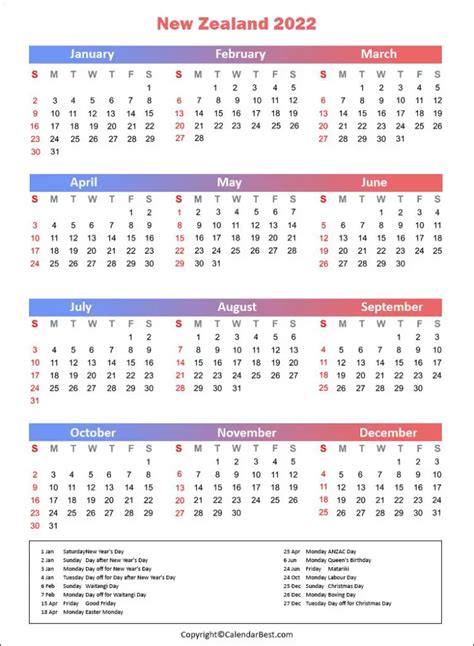 Free Printable New Zealand Calendar 2022 With Holidays