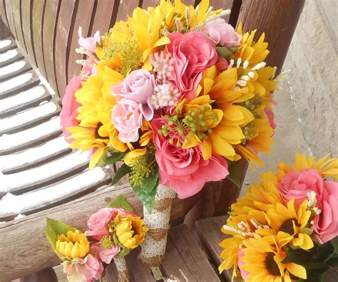 Sunflower And Pink Rose Silk Bridal Bouquet Rustic Wedding Etsy