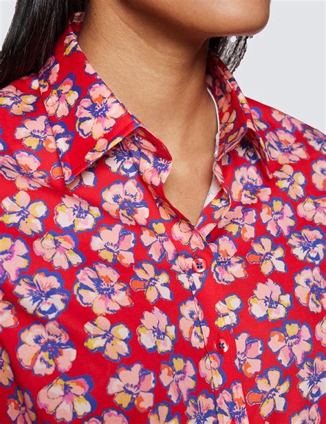 Women S Red And Purple Floral Print Semi Fitted Cotton Stretch Shirt Hawes And Curtis