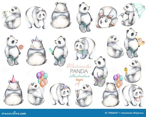 Collection Of Watercolor Pandas Hand Drawn Isolated On A White