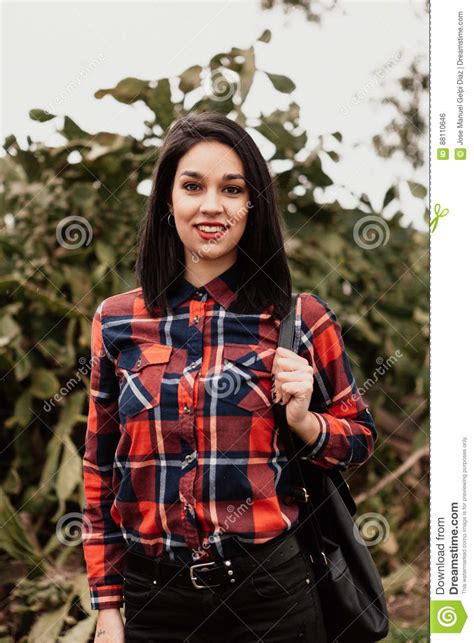 Pretty Brunette Girl With Red Plaid Shirt Stock Photo Image Of