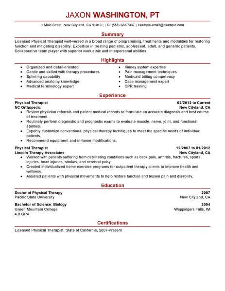best physical therapist resume example livecareer