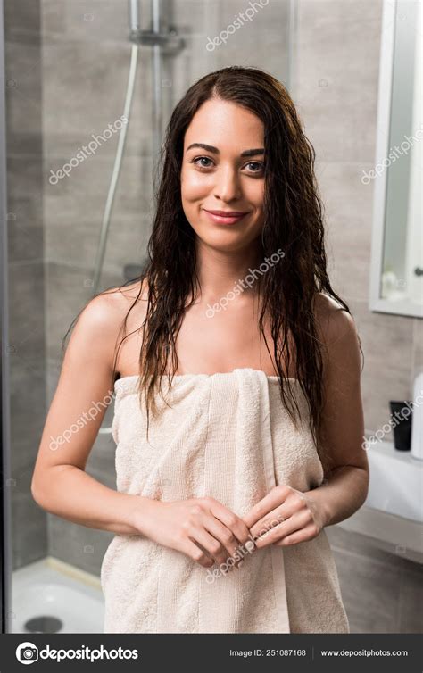 Cheerful Wet Brunette Woman Standing Bathroom Stock Photo By