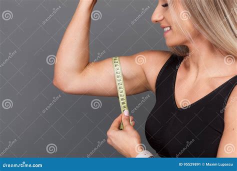 Female Bodybuilder Measuring Biceps Stock Image Image Of Breast Muscle 95529891