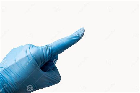 Hand In Blue Protective Rubber Glove Shows Index Finger Symbols Or