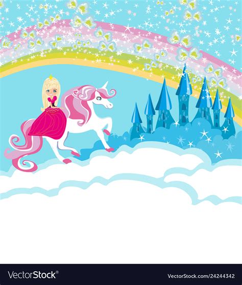 Lovely Princess On A Unicorn Flying On A Rainbow Vector Image