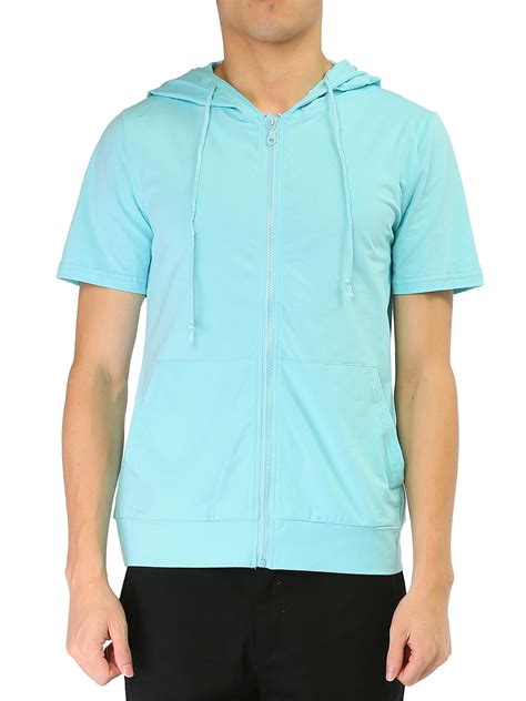 Mens Solid Color Zip Up Sporty Short Sleeve Hoodies