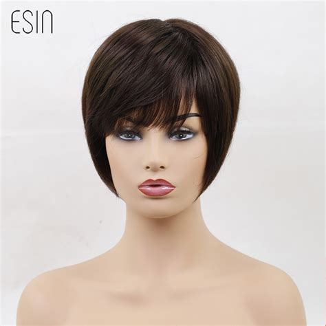 Esin 6 Inches Synthetic Blend Wigs With Bangs Natural Straight Short