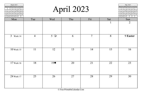 April 2023 Calendar Horizontal Layout