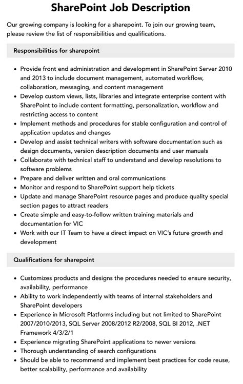 Sharepoint Job Description Velvet Jobs