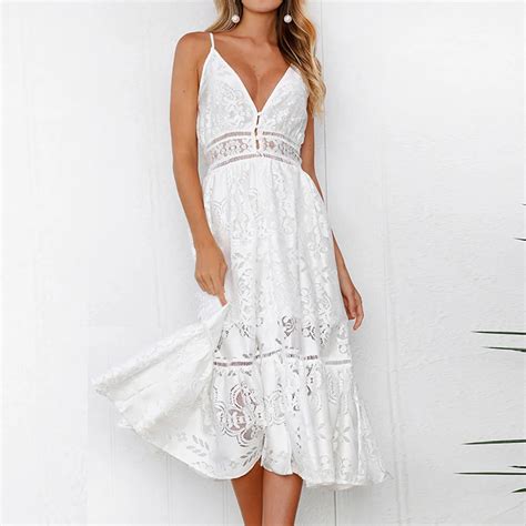 Versear White Lace Summer Dress For Women Sexy Deep V Button Spaghetti Strap Dress Femme Casual