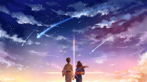 Yourname Taki And Mitsuha Sunrise Comet Night Sky Stars Clouds Your