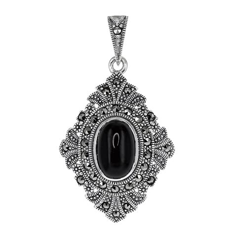Marcasite Vintage Inspired Pendant In Sterling Silver With Onyx Detail