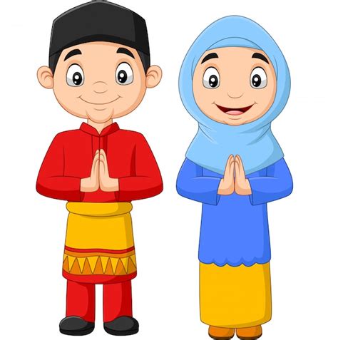 Dibujos Animados De Niños Musulmanes Felices Vector Premium