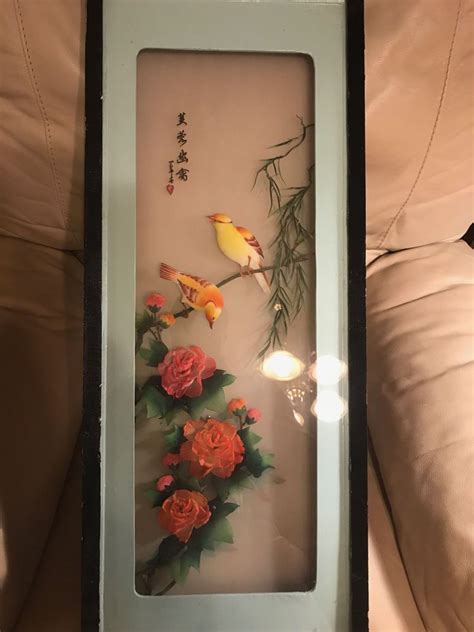 Large Vintage Asian Hand Crafted Birds And Flowers 3 D Shadow Box