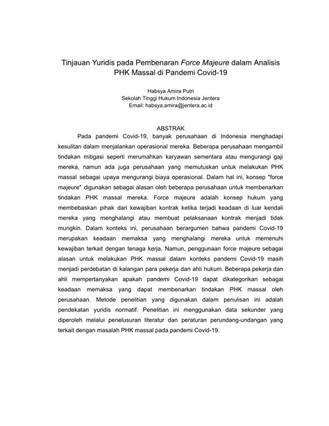 PDF Tinjauan Yuridis Pada Pembenaran Force Majeure Dalam Analisis PHK