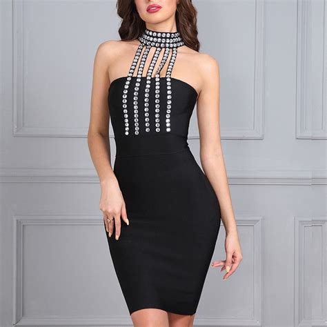 Uniquewho Women Bandage Dress Sexy Sleeveless Backless Bodycon Dress With Rhinestones Patchwork