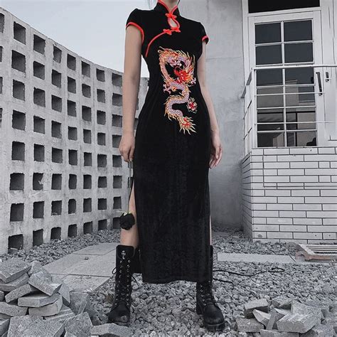 goth dark black dragon embroidery gothic dress harajuku splice autumn 2019 vintage midi dresses