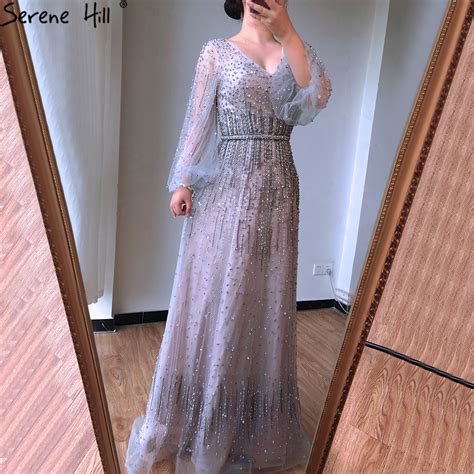 grey a line luxury sparkle dubai evening dresses 2021 beading long sleeves sexy formal dress
