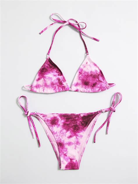 Emmiol Free Shipping 2023 Tie Dye Hanging Neck Lace Up Triangle Bikini