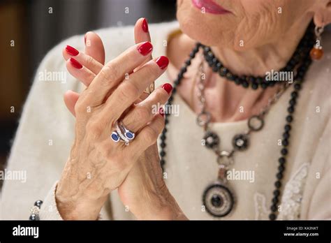 Senior Woman Luxury With Manicure Luxury Old Woman With Red Nails And Elegant Silver Ring